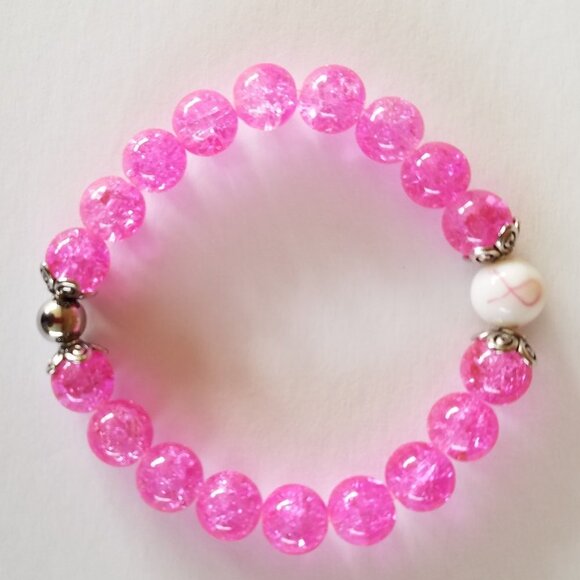 Hand Crafted Pink Breast Cancer Awareness Bracelet Crackle Beads Stretch - Picture 1 of 7